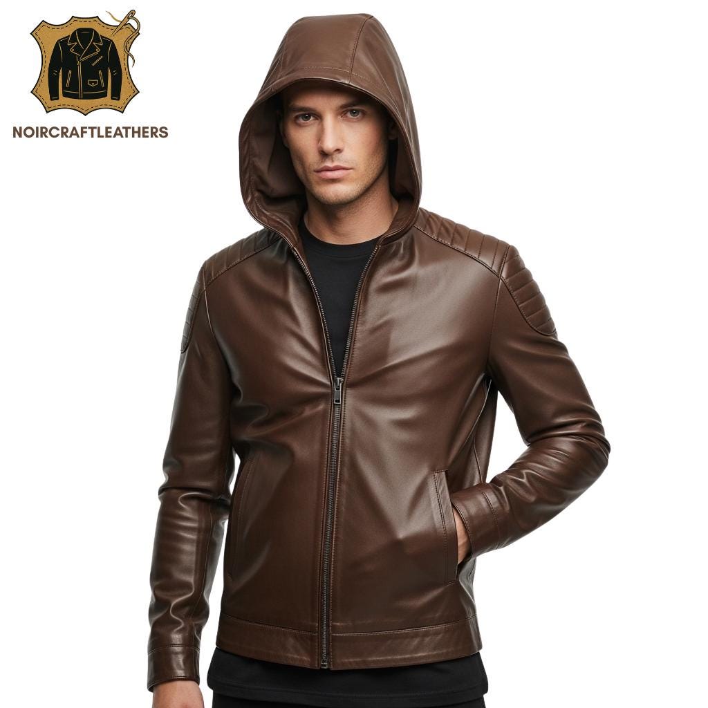 Men's Premium Chocolate Brown Leather Biker Jacket, Modern Style with Attached Hood, Padded Shoulder Panels, and Slim Fit