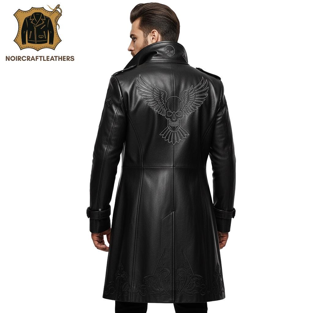 Men's Goth Black Lambskin Leather Trench Coat: Embroidered Skulls & Red Stripes