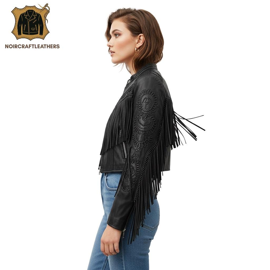 Embroidered Black Fringe Leather Jacket: Western Boho Biker Style