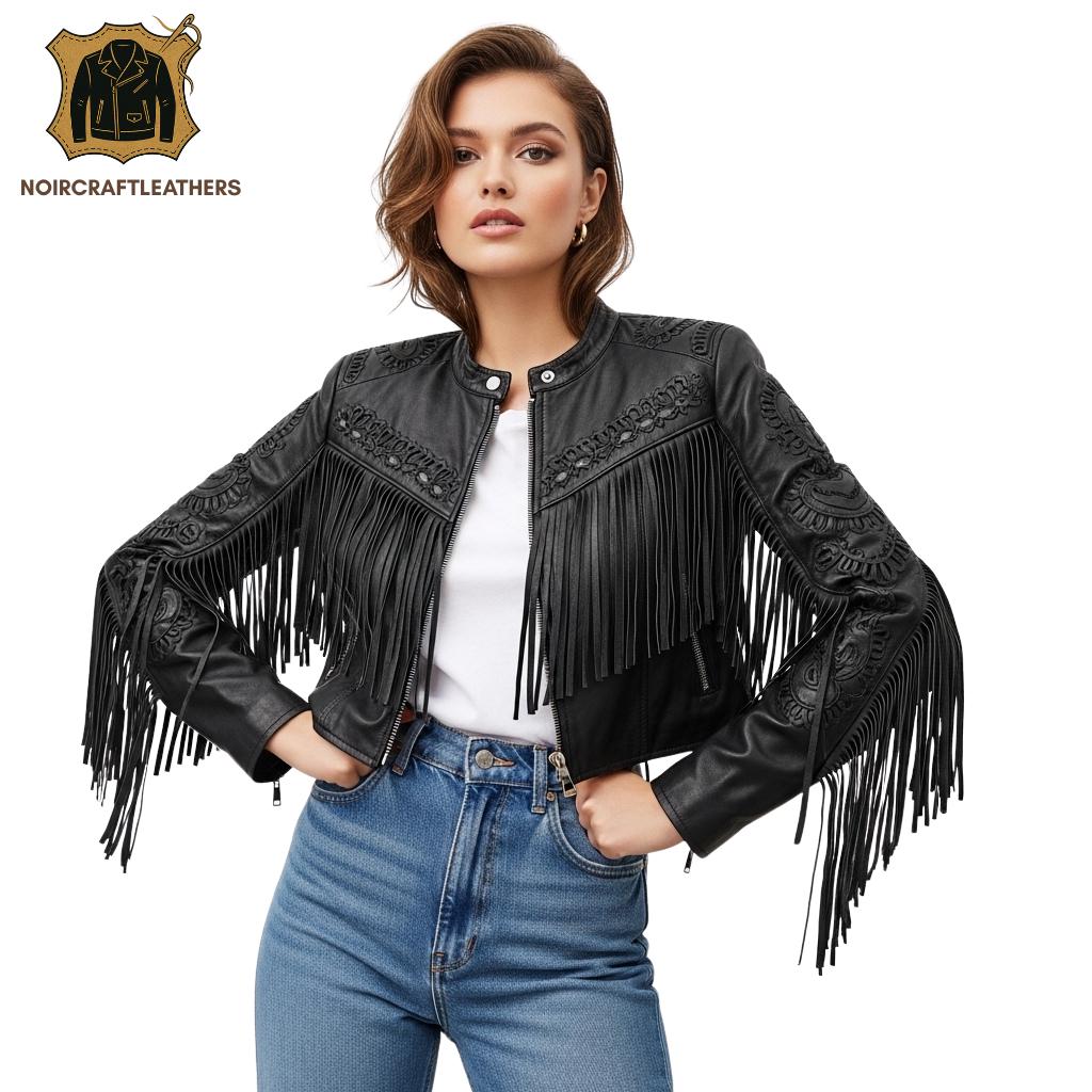Embroidered Black Fringe Leather Jacket: Western Boho Biker Style