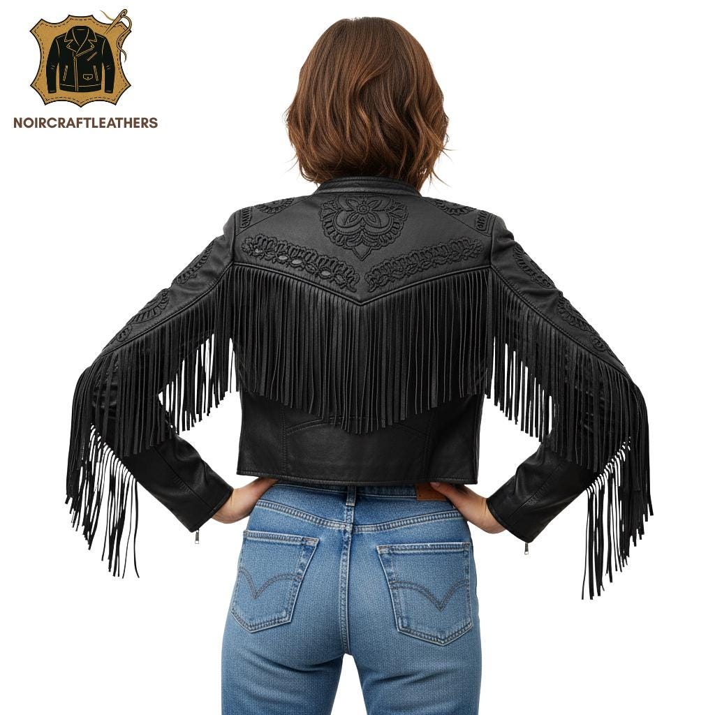 Embroidered Black Fringe Leather Jacket: Western Boho Biker Style