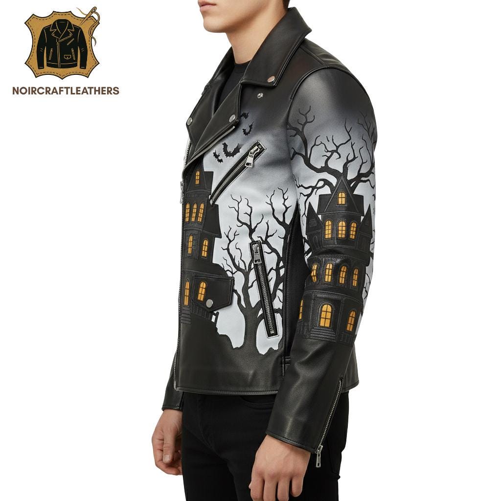 Men's Haunted House Leather Biker Jacket: Gothic Halloween Costume