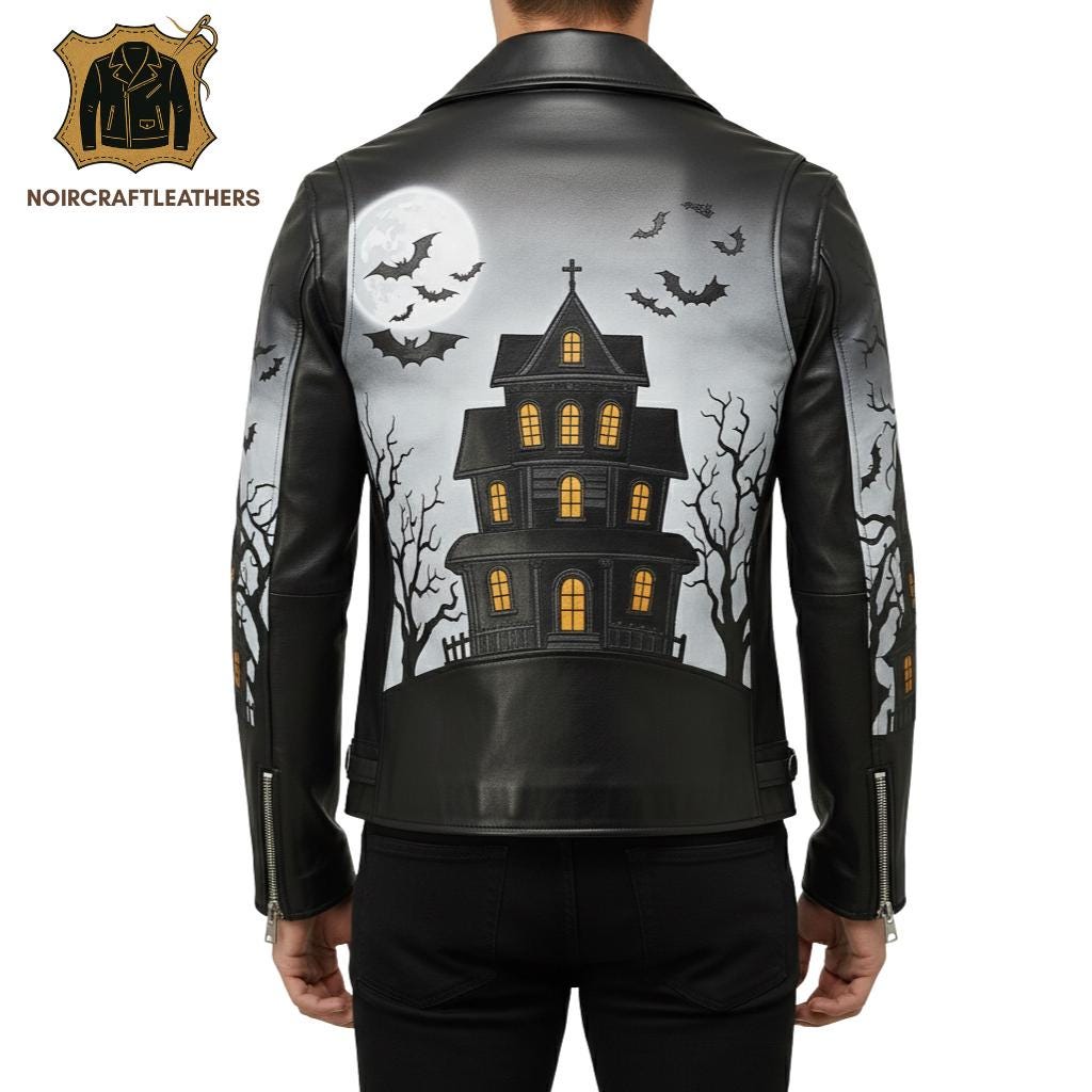 Men's Haunted House Leather Biker Jacket: Gothic Halloween Costume