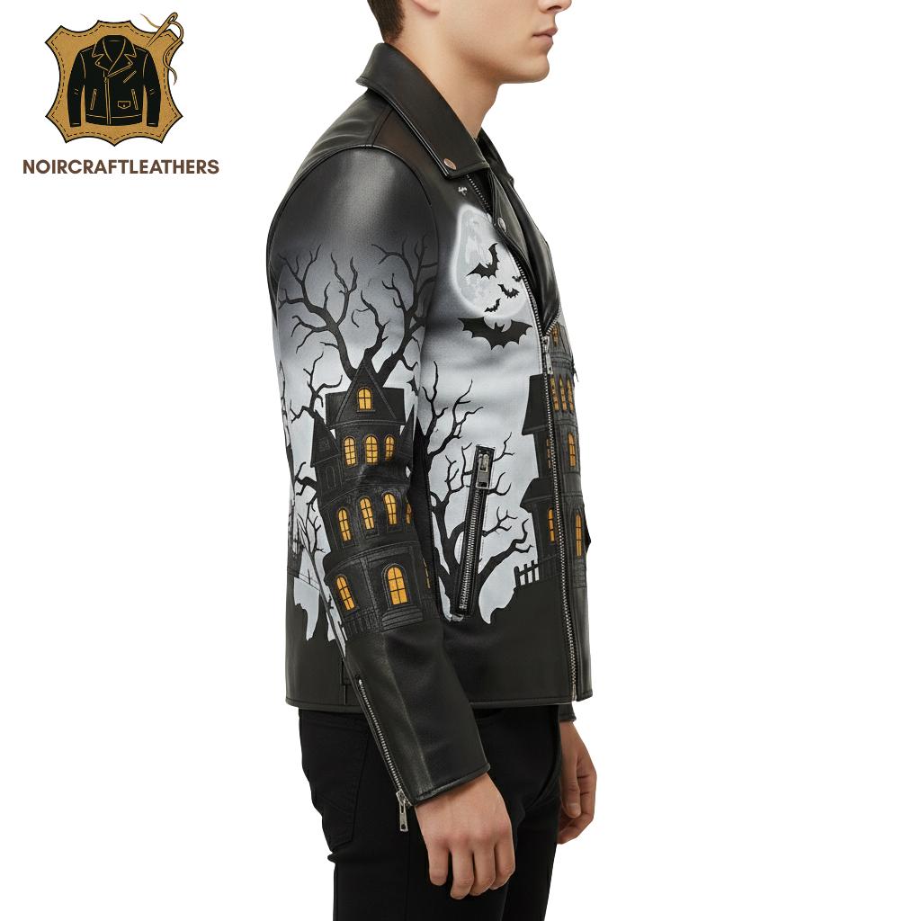Men's Haunted House Leather Biker Jacket: Gothic Halloween Costume