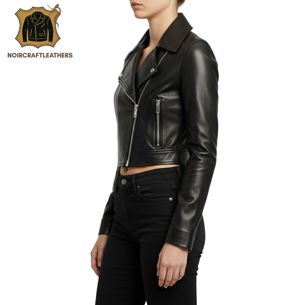 Cropped Black Leather Biker Jacket: Slim Fit Moto Style