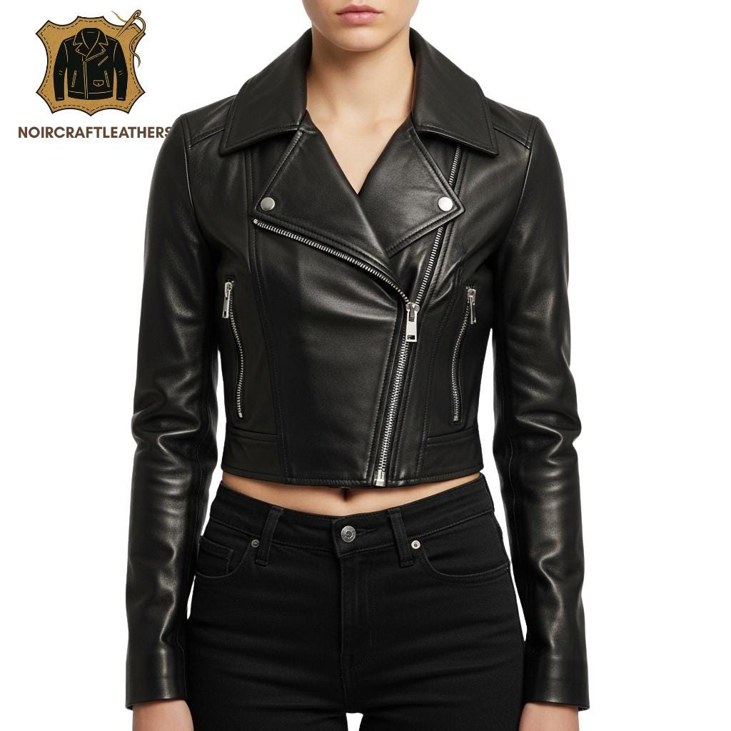 Cropped Black Leather Biker Jacket: Slim Fit Moto Style