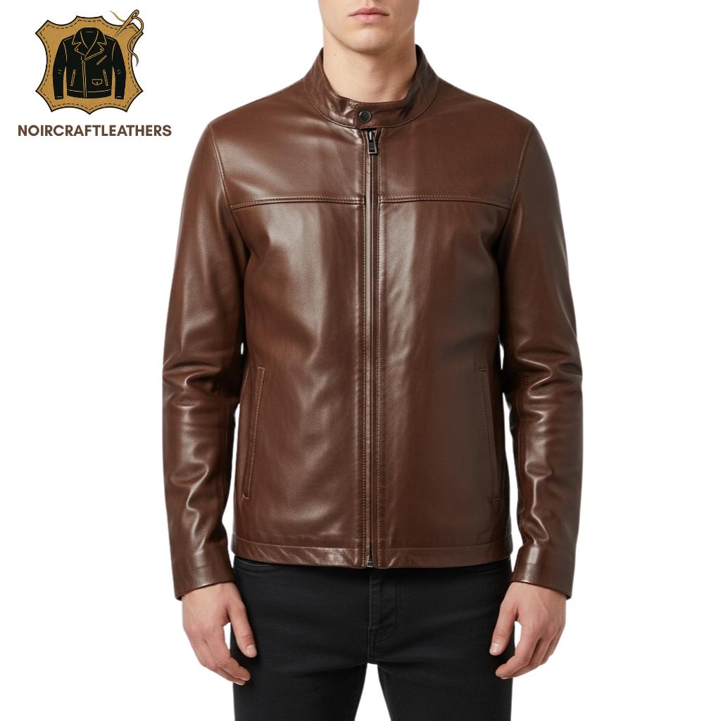 Handmade Lambskin Leather Moto Jacket: Slim Fit, Classic Brown