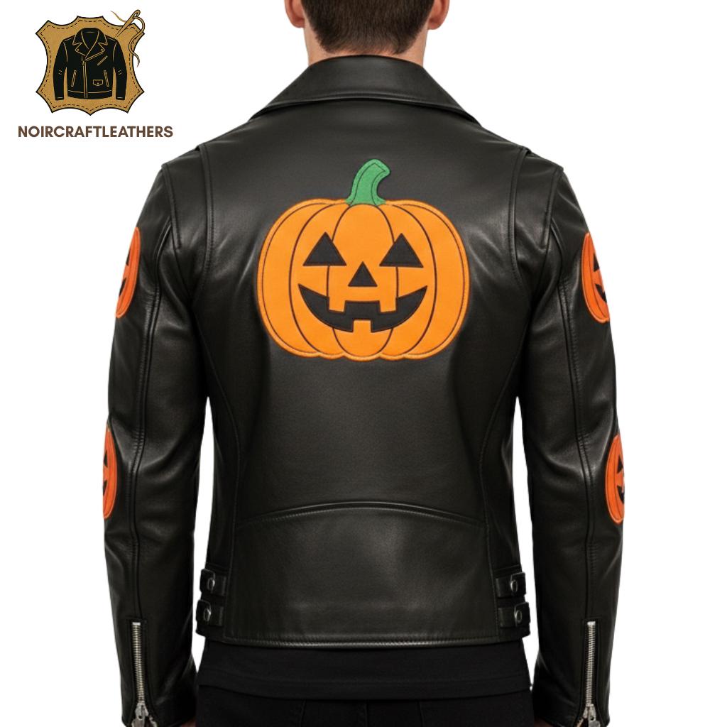 Men's Halloween Pumpkin Leather Biker Jacket: Genuine Cowhide Moto Outerwear