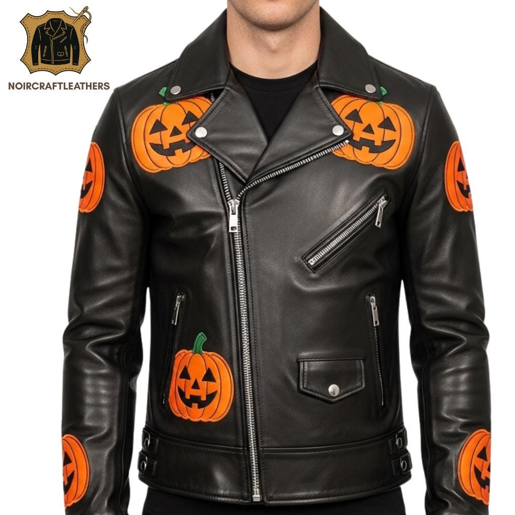 Men's Halloween Pumpkin Leather Biker Jacket: Genuine Cowhide Moto Outerwear