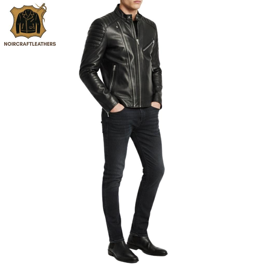 Men's Genuine Black Leather Biker Jacket – Lightweight Motorcycle Coat with Zippered Pockets