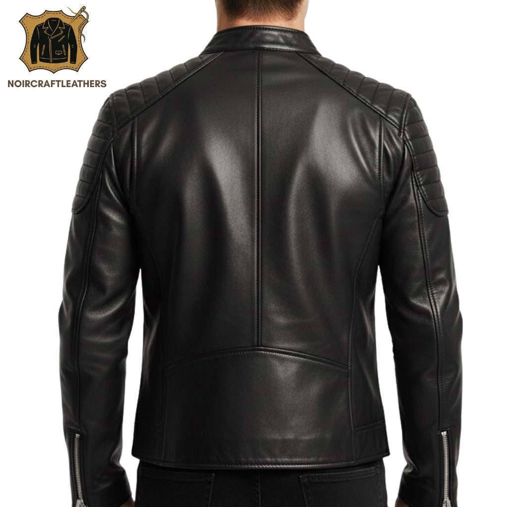 Men's Genuine Black Leather Biker Jacket – Lightweight Motorcycle Coat with Zippered Pockets