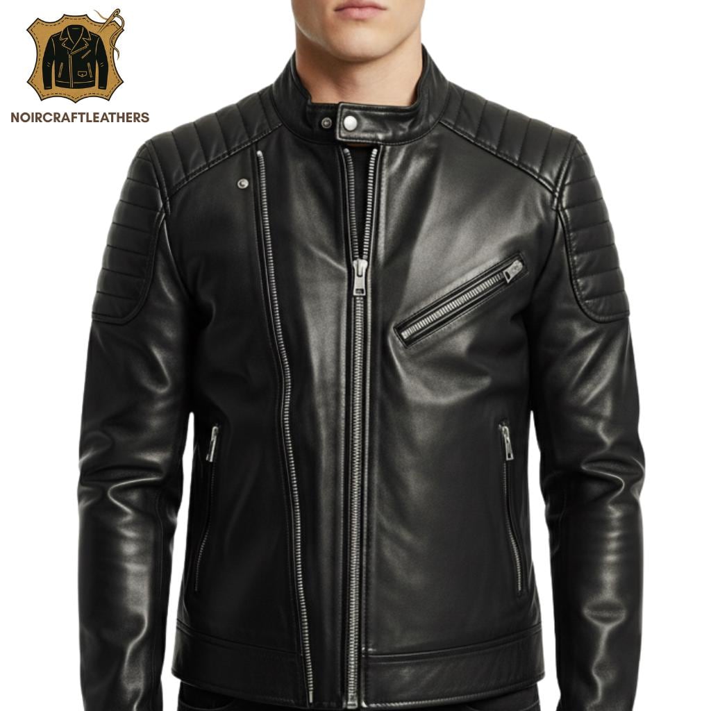 Men's Genuine Black Leather Biker Jacket – Lightweight Motorcycle Coat with Zippered Pockets