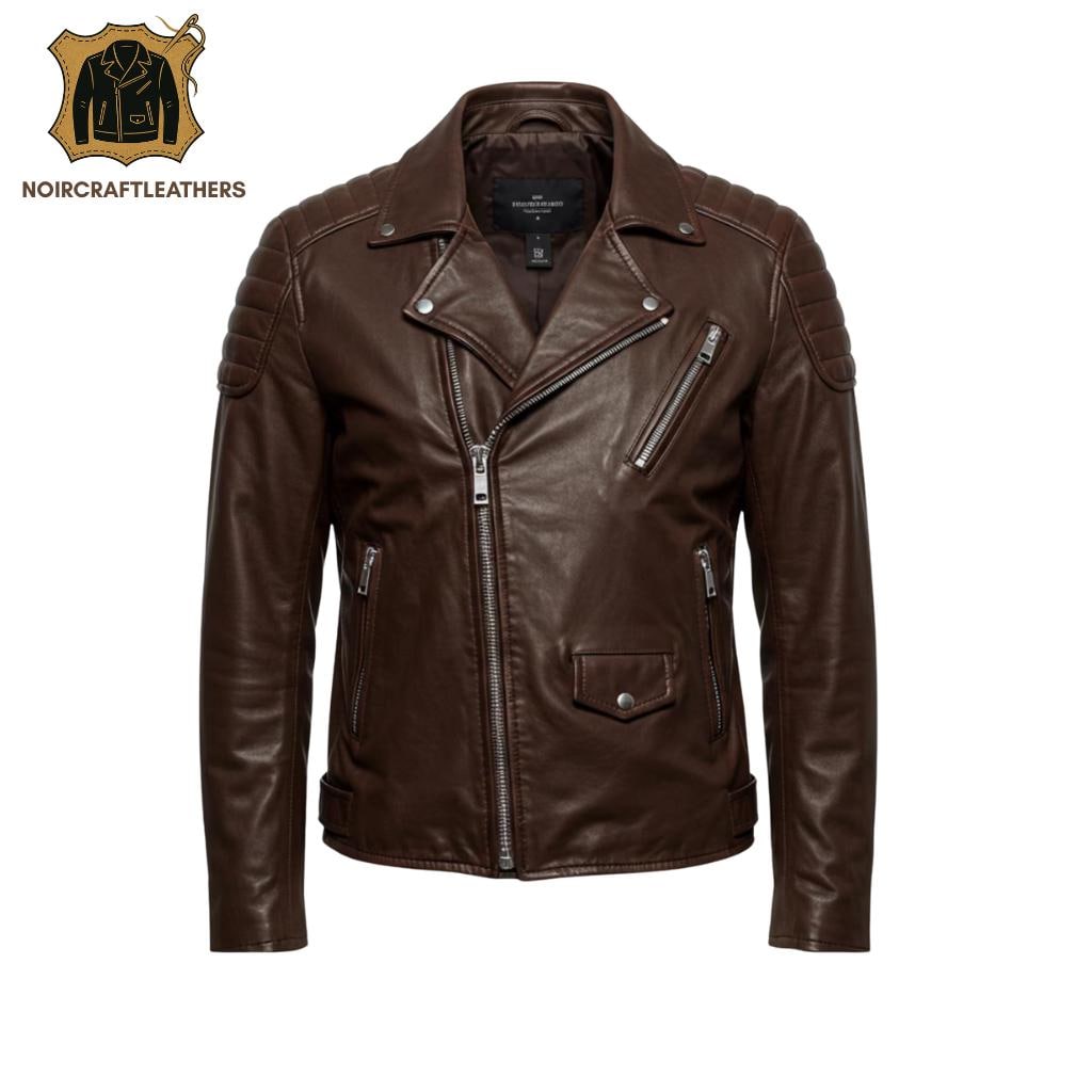 Men's Brown Leather Biker Jacket: Handmade Moto Style with Green Stitching