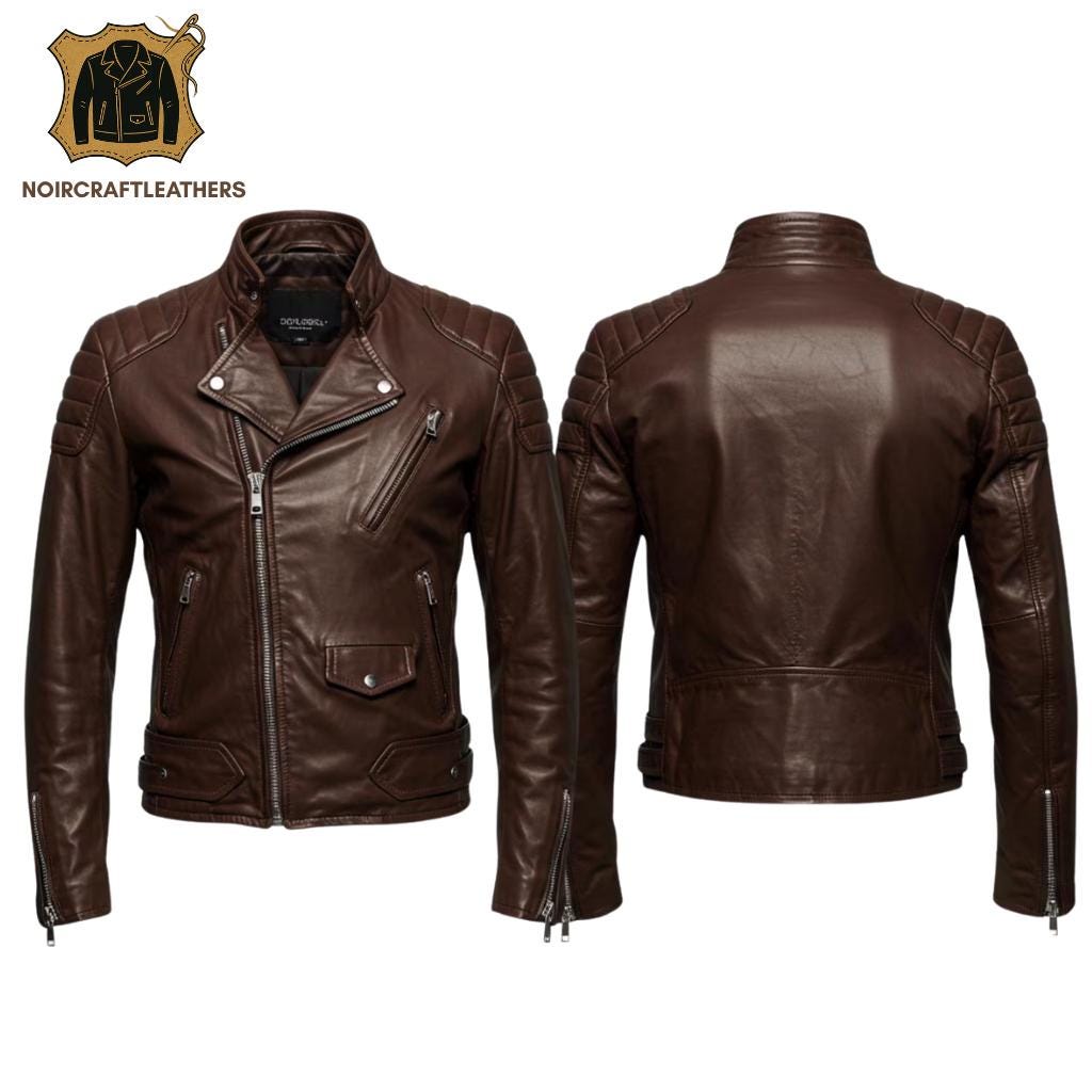 Men's Brown Leather Biker Jacket: Handmade Moto Style with Green Stitching