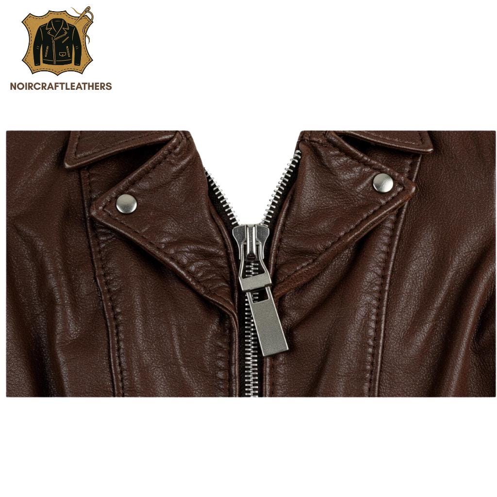 Men's Brown Leather Biker Jacket: Handmade Moto Style with Green Stitching