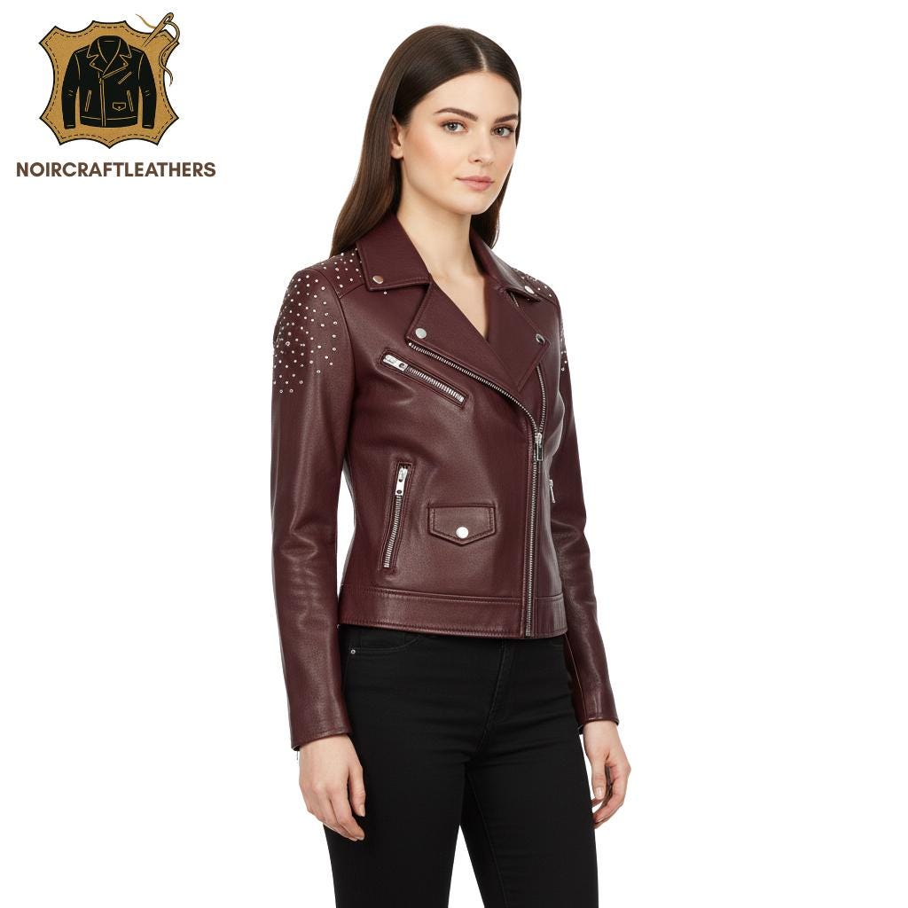 Maroon Studded Lambskin Leather Biker Jacket - Cropped Motorcycle Coat