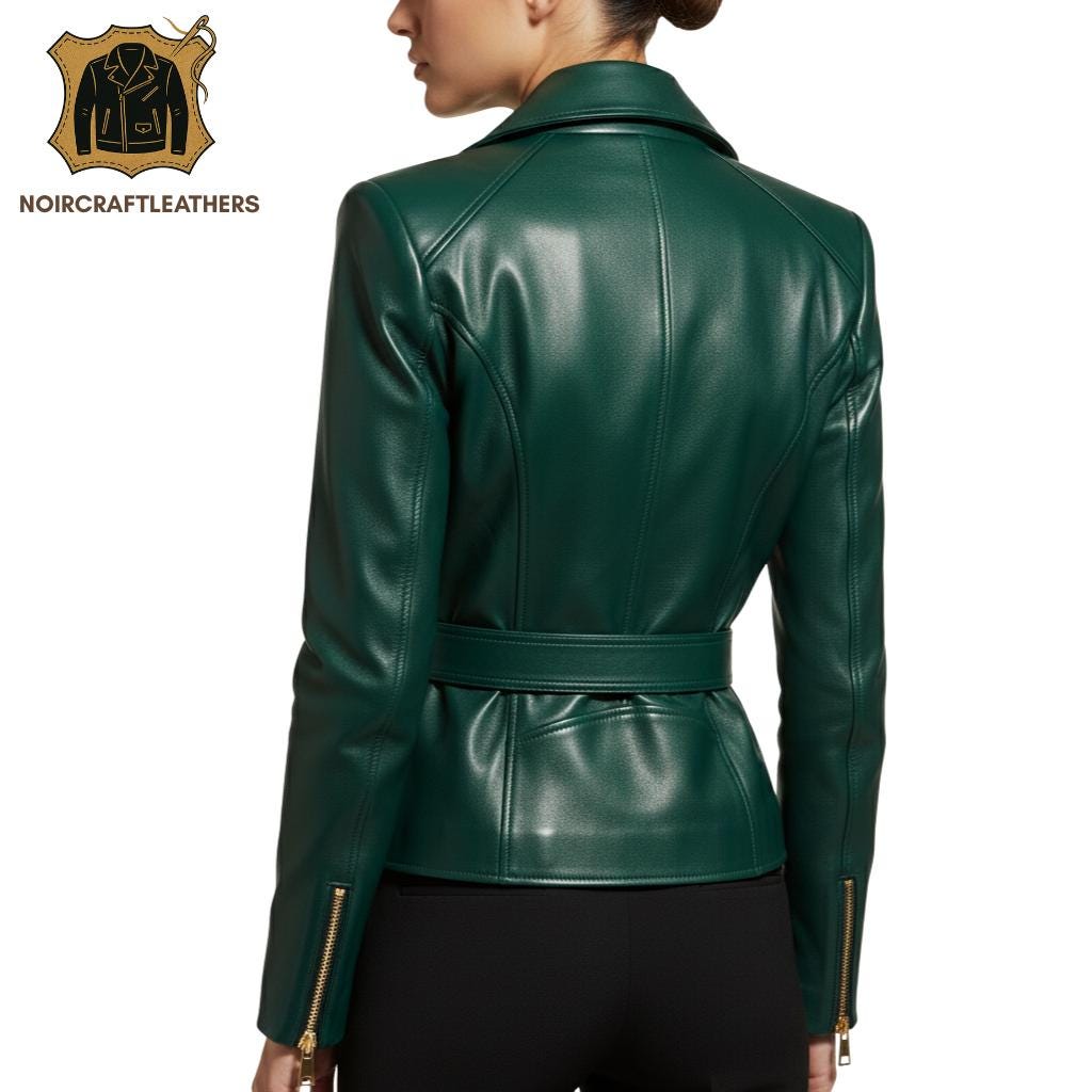 Emerald Green Lambskin Leather Biker Jacket: Women's Belted Moto Coat