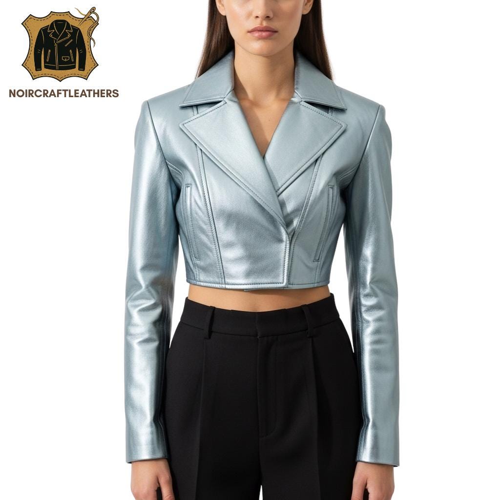 Metallic Blue Lambskin Leather Cropped Moto Jacket