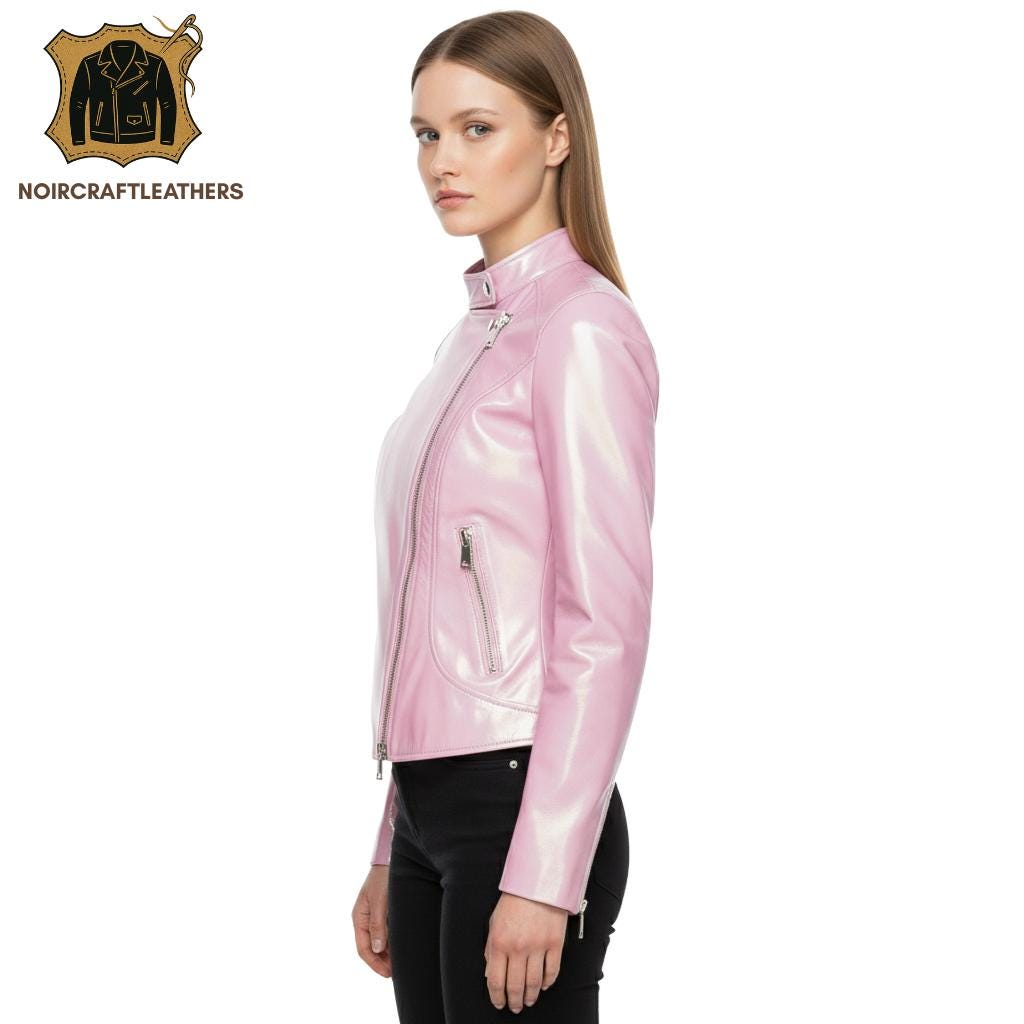 Holographic Pink Lambskin Leather Biker Jacket - Iridescent Moto Coat