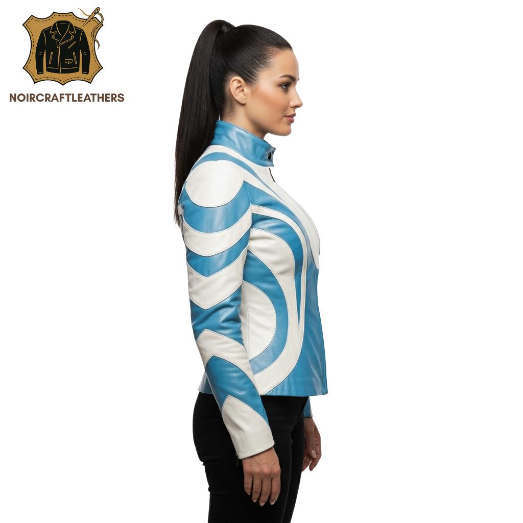 Blue & White Lambskin Leather Moto Jacket - Women's Racing Biker Coat