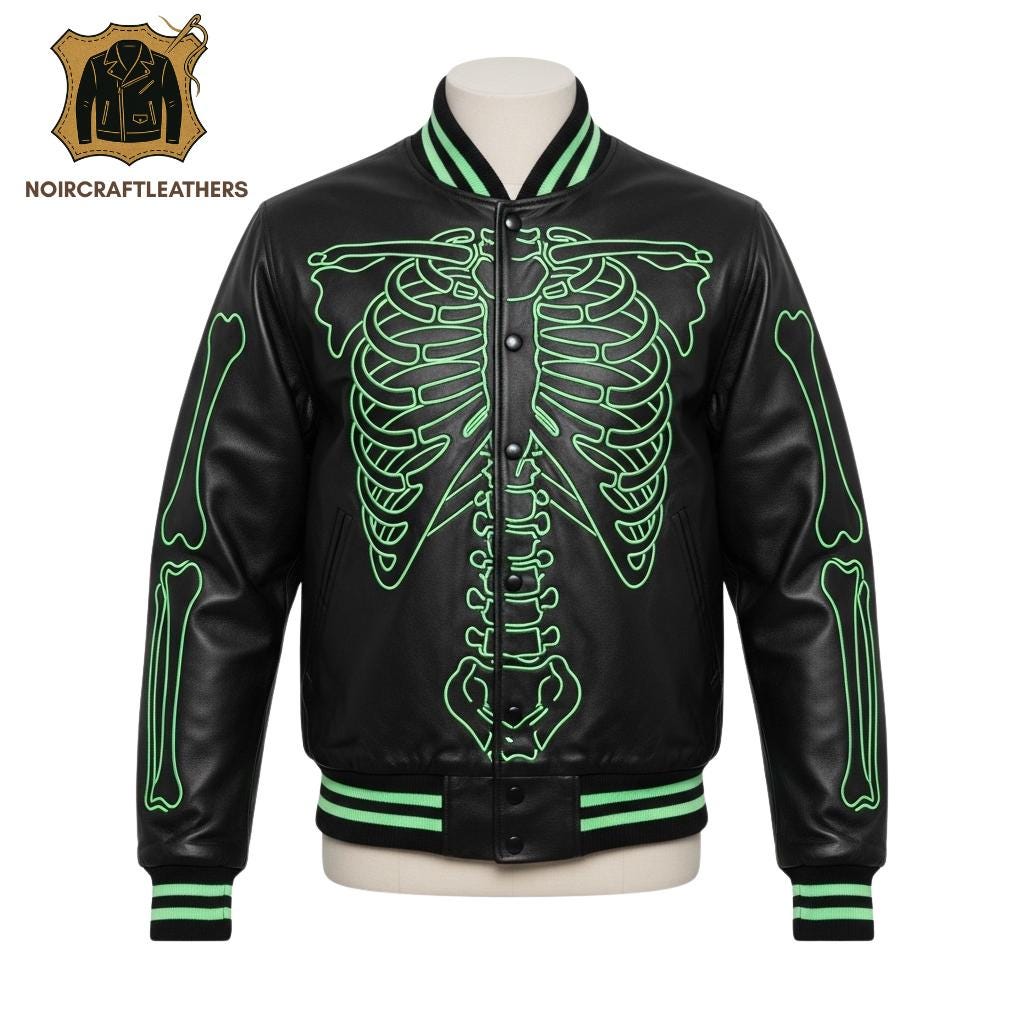 Men's Black Leather Skeleton Jacket: Neon Bone Design, Biker Bomber