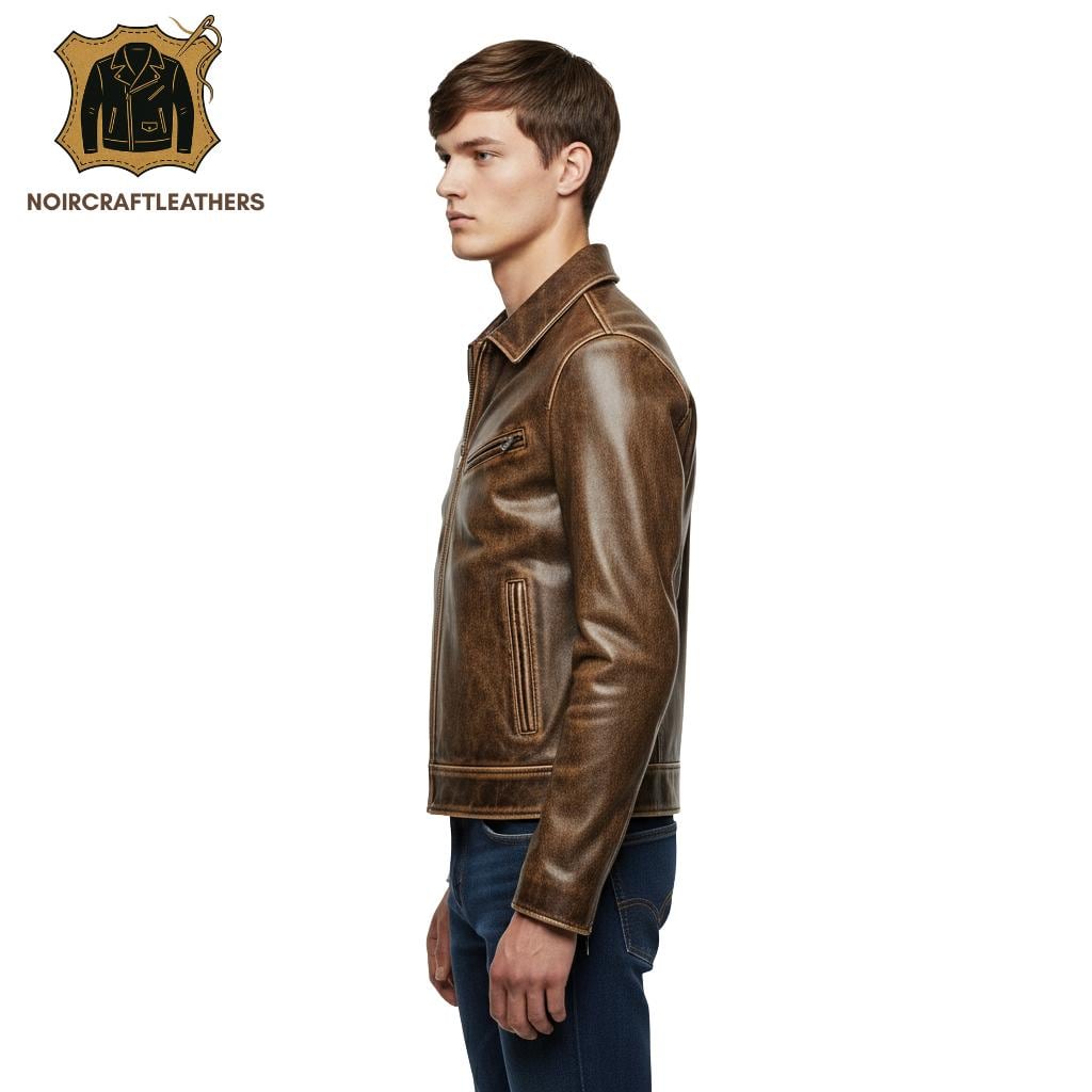 Vintage Distressed Brown Leather Biker Jacket: Handmade Cowhide Moto Outerwear