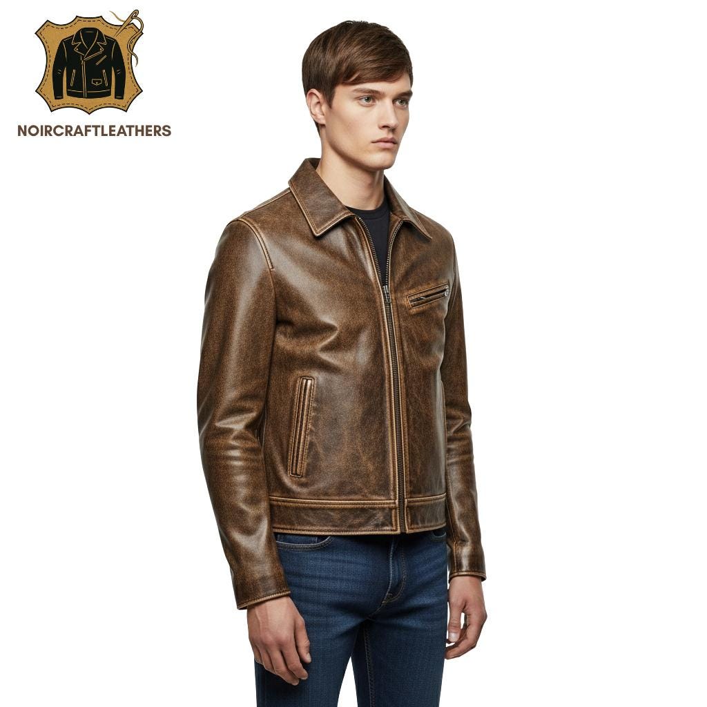 Vintage Distressed Brown Leather Biker Jacket: Handmade Cowhide Moto Outerwear