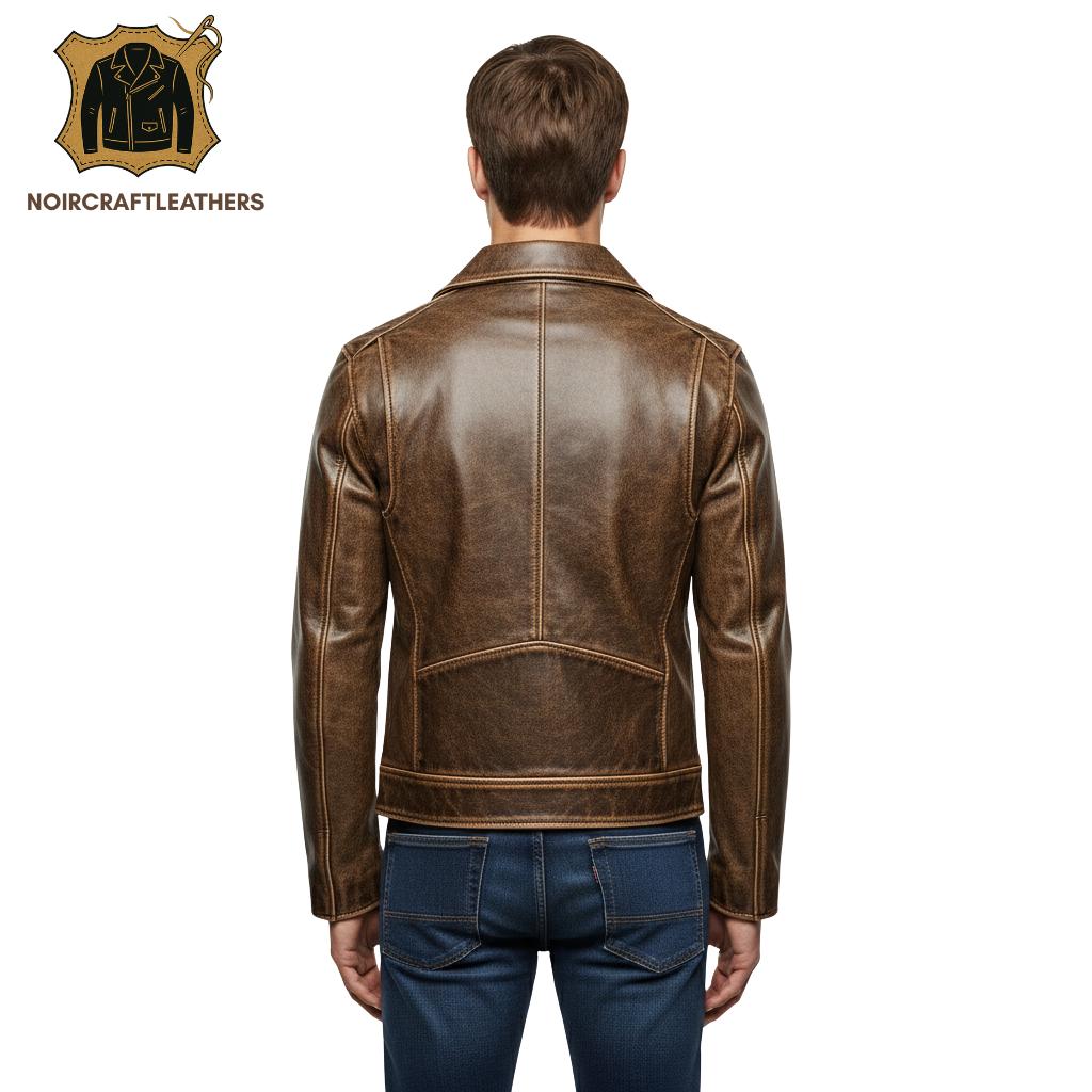 Vintage Distressed Brown Leather Biker Jacket: Handmade Cowhide Moto Outerwear