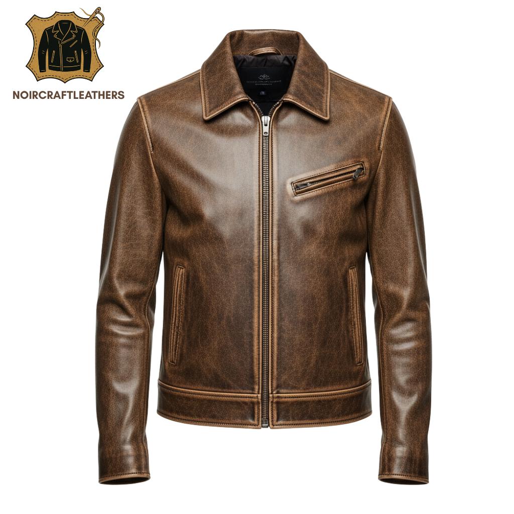 Vintage Distressed Brown Leather Biker Jacket: Handmade Cowhide Moto Outerwear