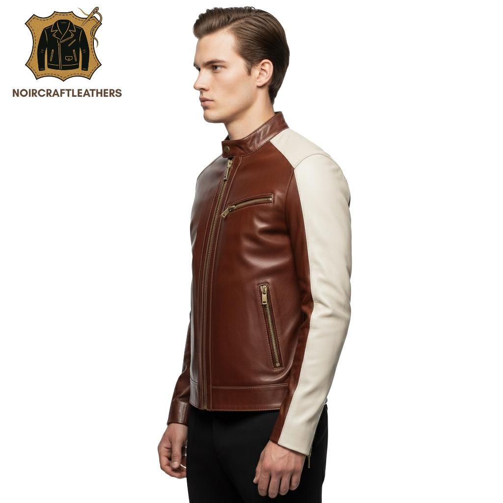 Handmade Lambskin Leather Biker Jacket: Two-Tone Moto Racing Style
