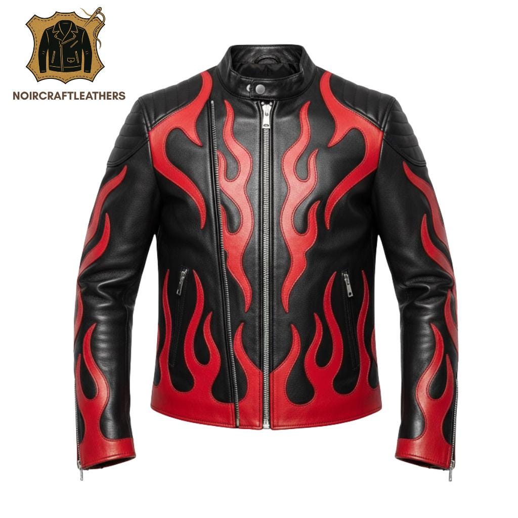Handmade Cowhide Leather Flame Jacket: Biker Moto Rock Punk Style