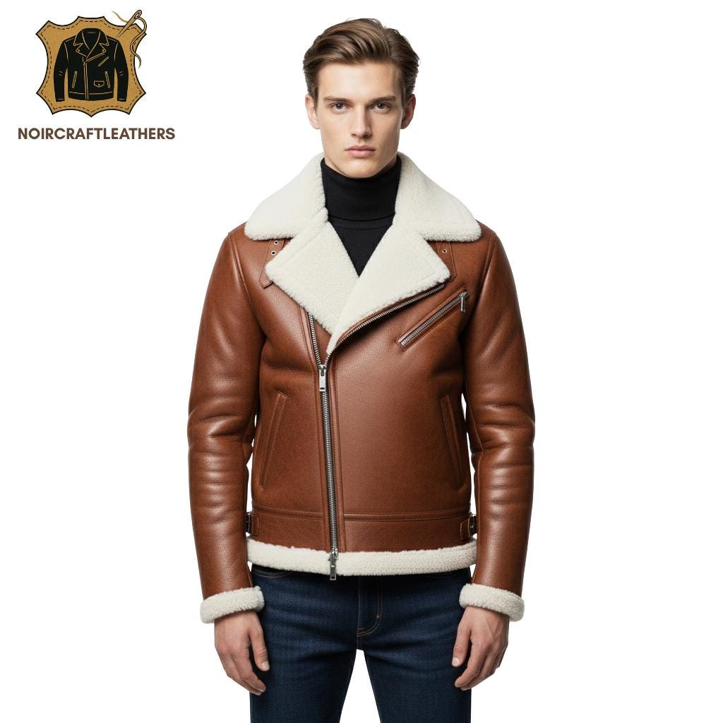 Men's Brown Shearling Biker Jacket: Cowhide Leather Aviator, Handmade