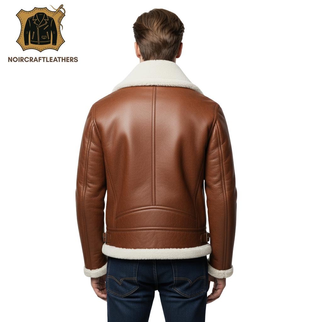 Men's Brown Shearling Biker Jacket: Cowhide Leather Aviator, Handmade