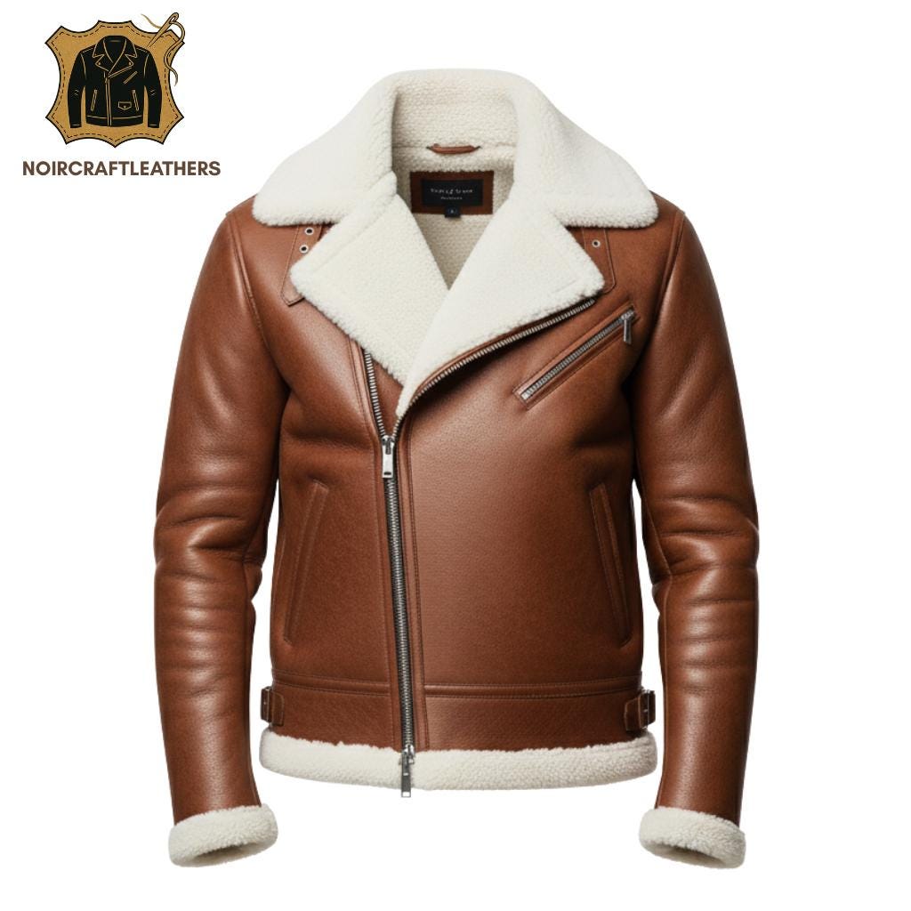 Men's Brown Shearling Biker Jacket: Cowhide Leather Aviator, Handmade