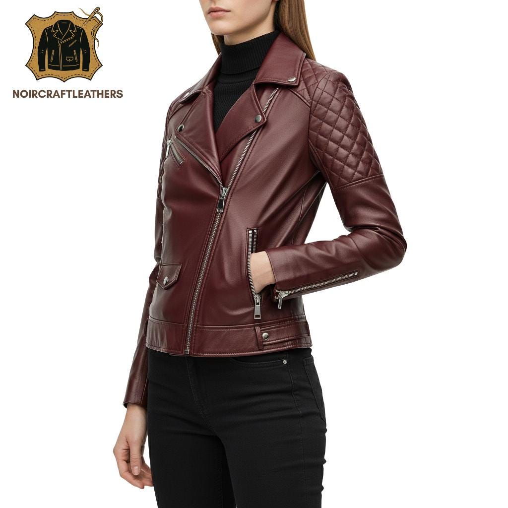 Burgundy Lambskin Leather Biker Jacket: Quilted Moto Style