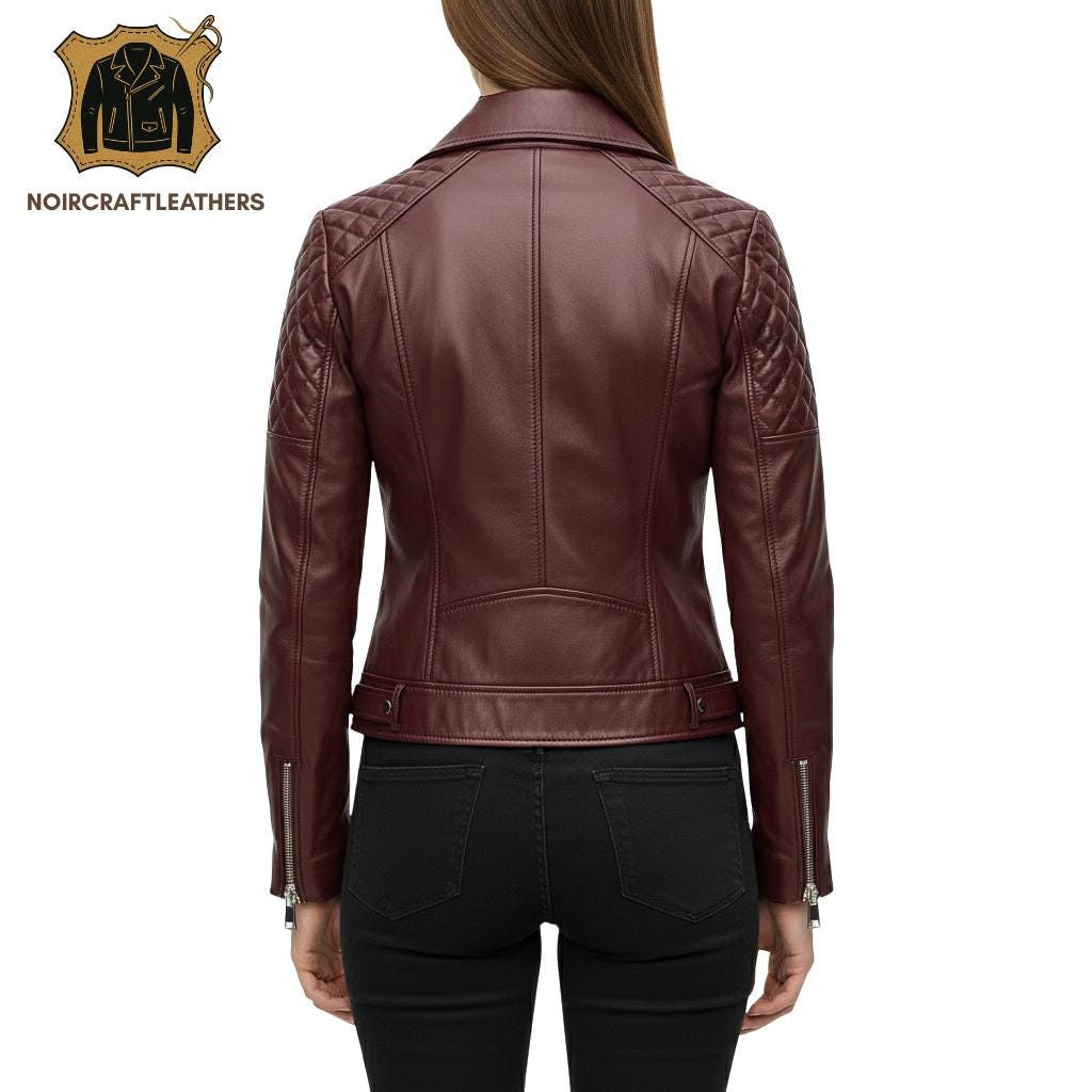 Burgundy Lambskin Leather Biker Jacket: Quilted Moto Style