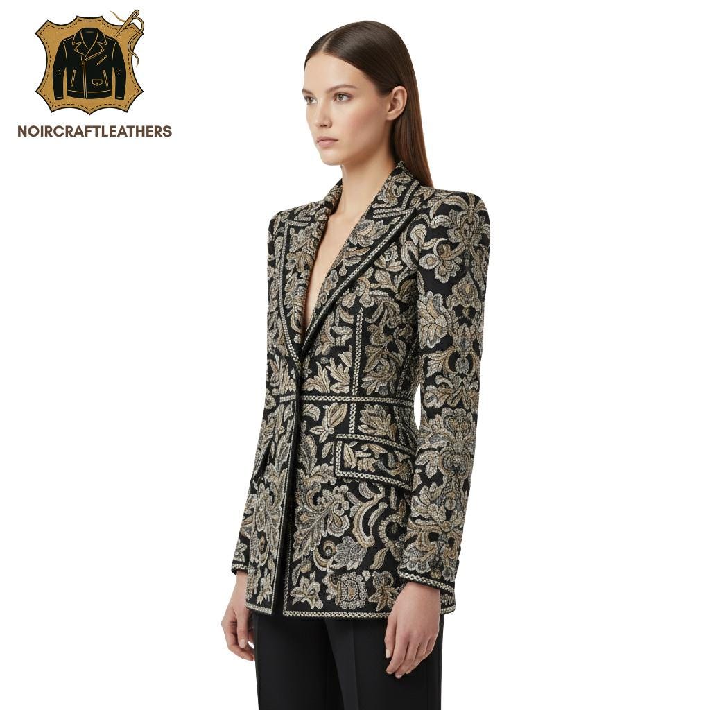Embroidered Black Leather Blazer: Floral Sequin Jacket, Elegant Evening Coat