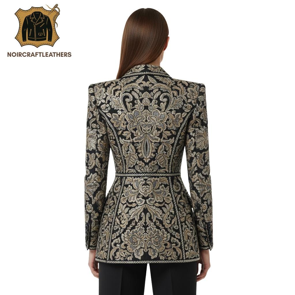 Embroidered Black Leather Blazer: Floral Sequin Jacket, Elegant Evening Coat