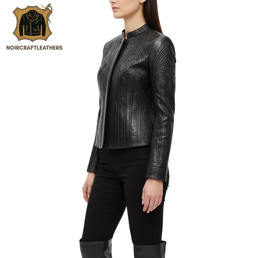 Embossed Floral Lambskin Leather Biker Jacket: Slim Fit Moto Style