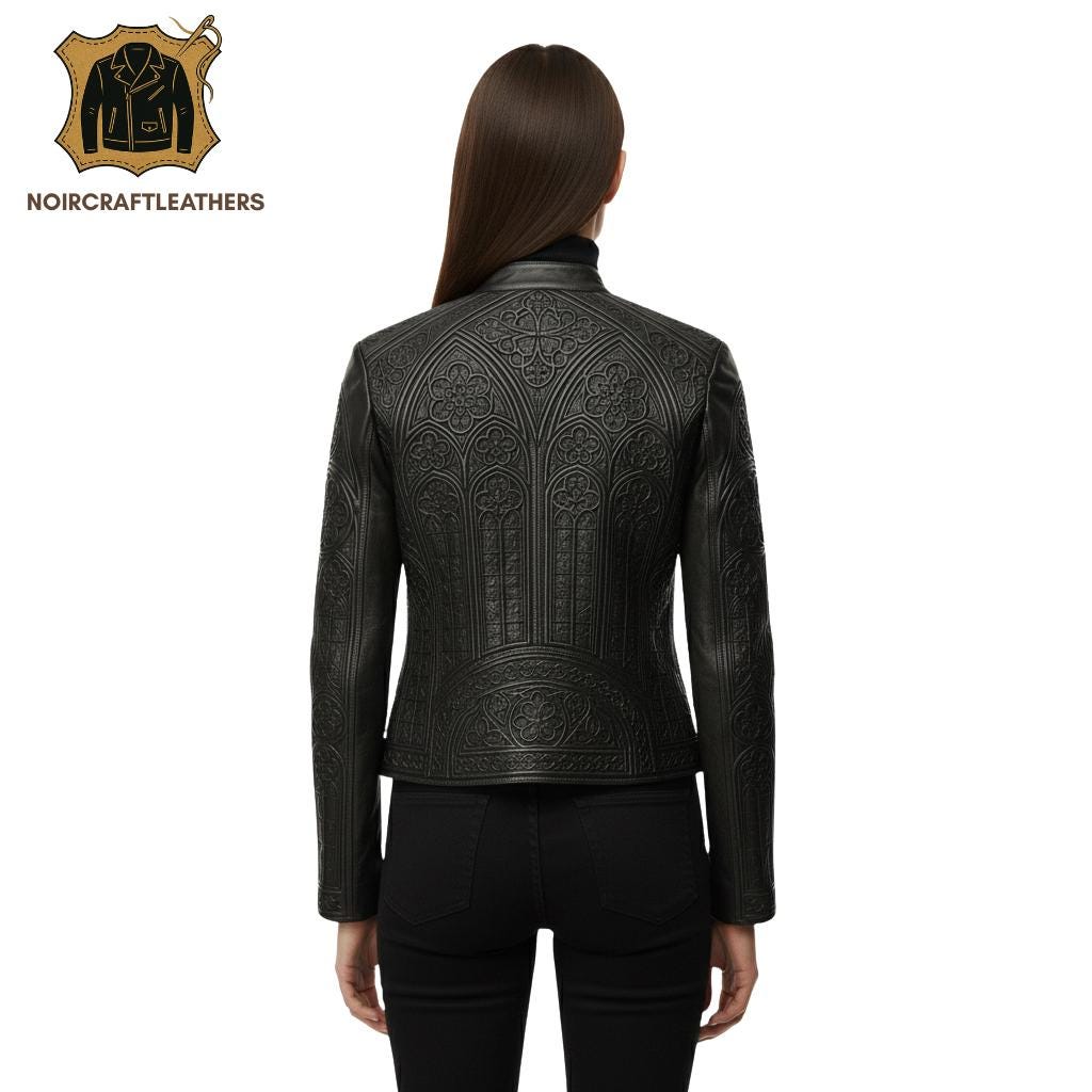 Embossed Floral Lambskin Leather Biker Jacket: Slim Fit Moto Style