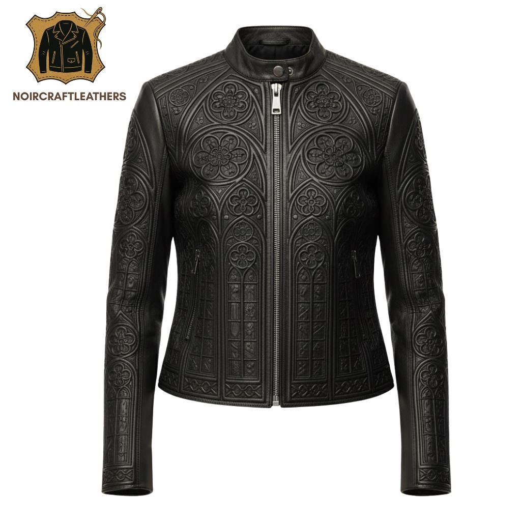 Embossed Floral Lambskin Leather Biker Jacket: Slim Fit Moto Style