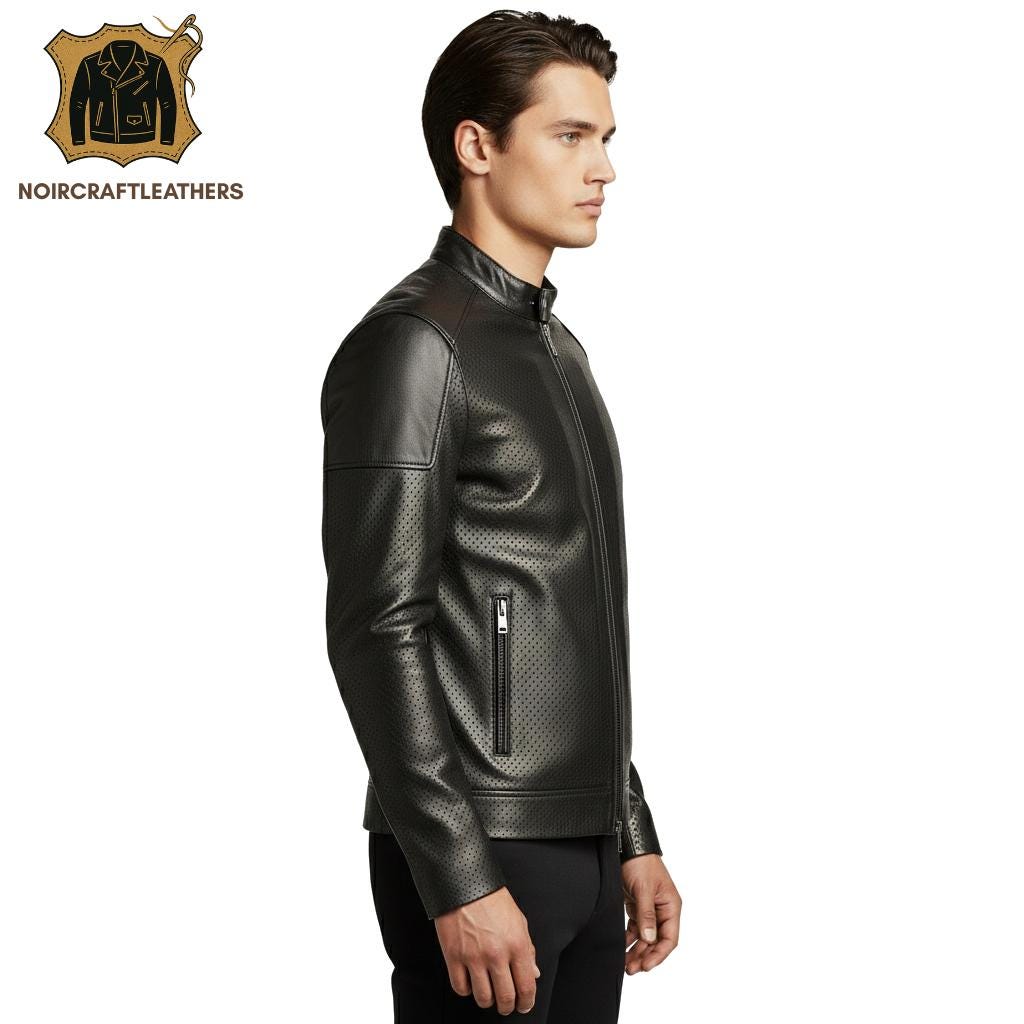 Men's Black Perforated Lambskin Leather Cafe Racer Jacket