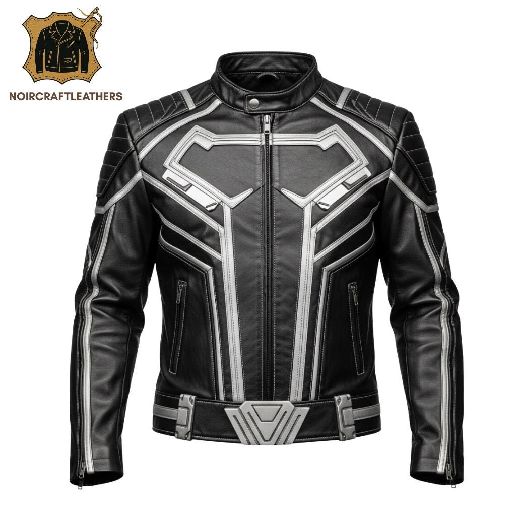 Men's Black Cowhide Leather Superhero Jacket: Silver Armor Biker Style