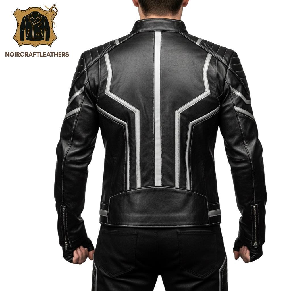 Men's Black Cowhide Leather Superhero Jacket: Silver Armor Biker Style