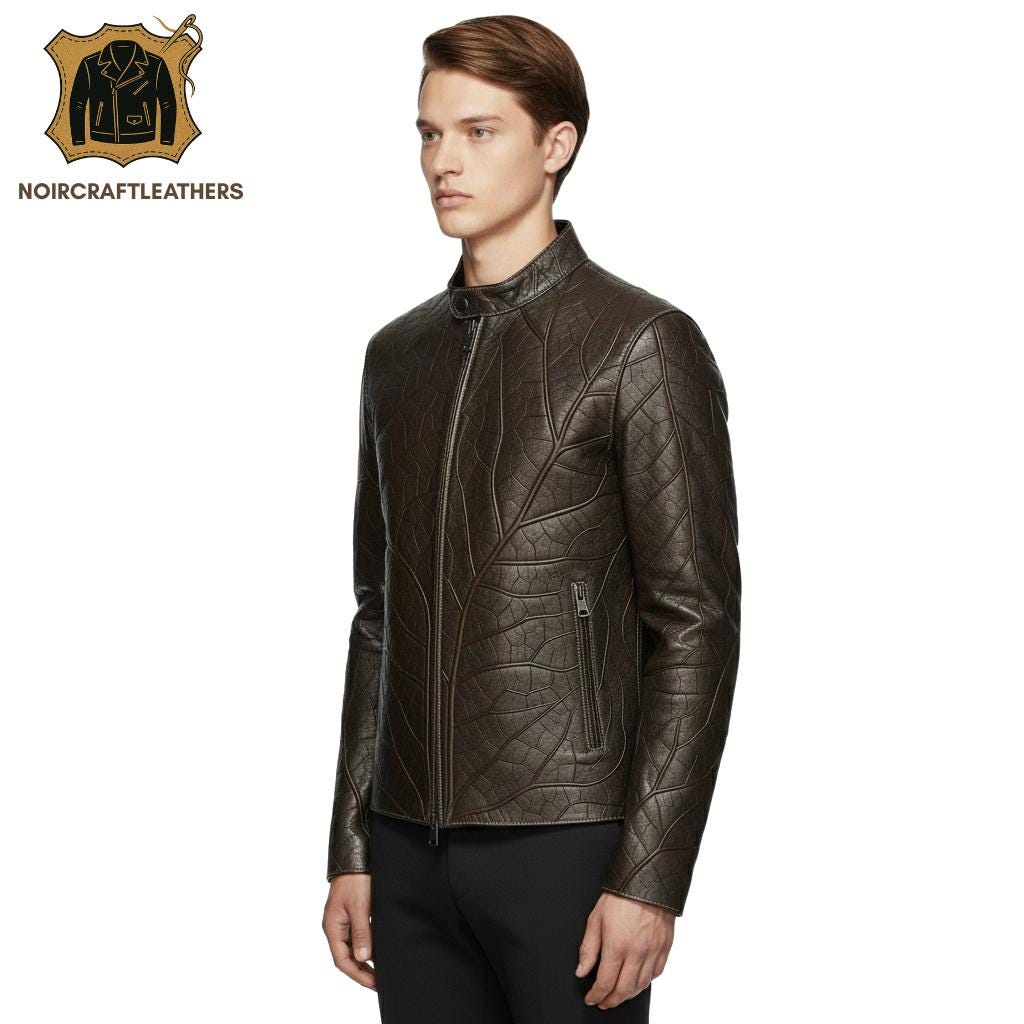 Men's Lambskin Leather Cafe Racer Jacket: Embossed Leaf Design