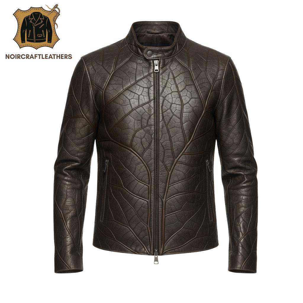 Men's Lambskin Leather Cafe Racer Jacket: Embossed Leaf Design