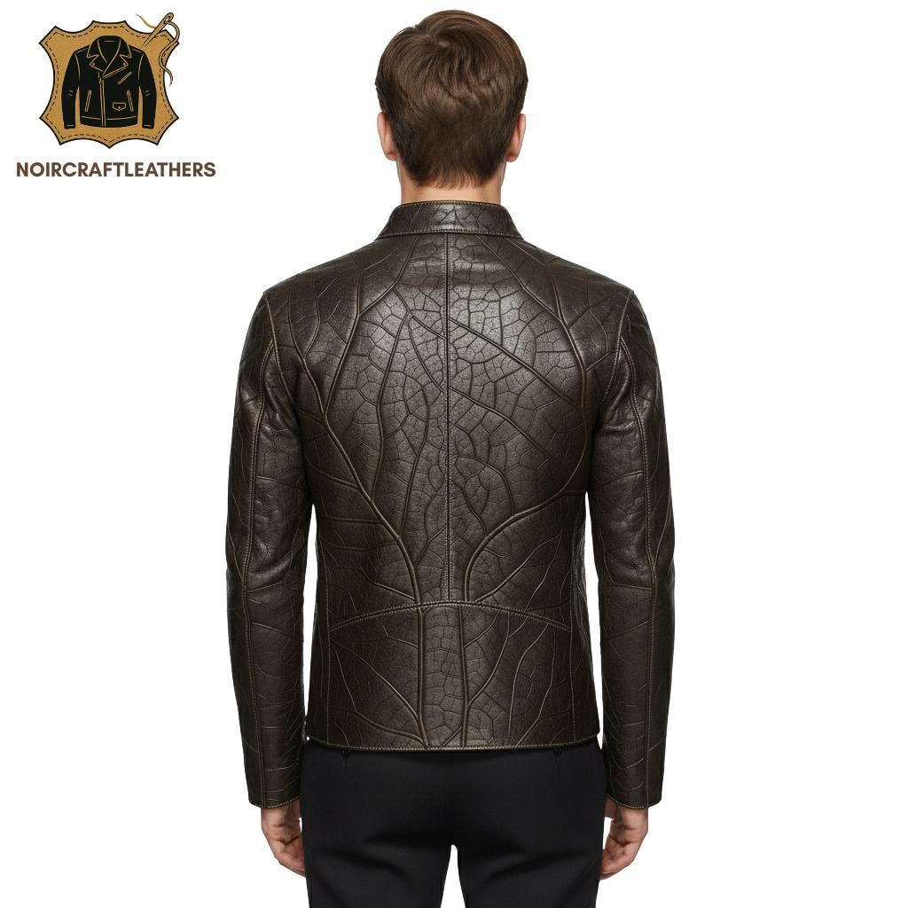 Men's Lambskin Leather Cafe Racer Jacket: Embossed Leaf Design