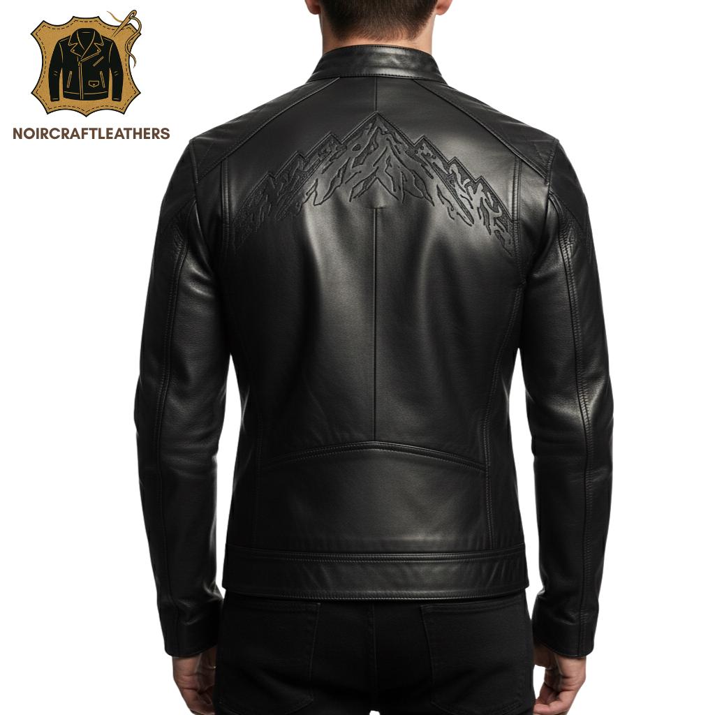 Handmade Lambskin Leather Biker Jacket: Mountain Embossed Slim Fit
