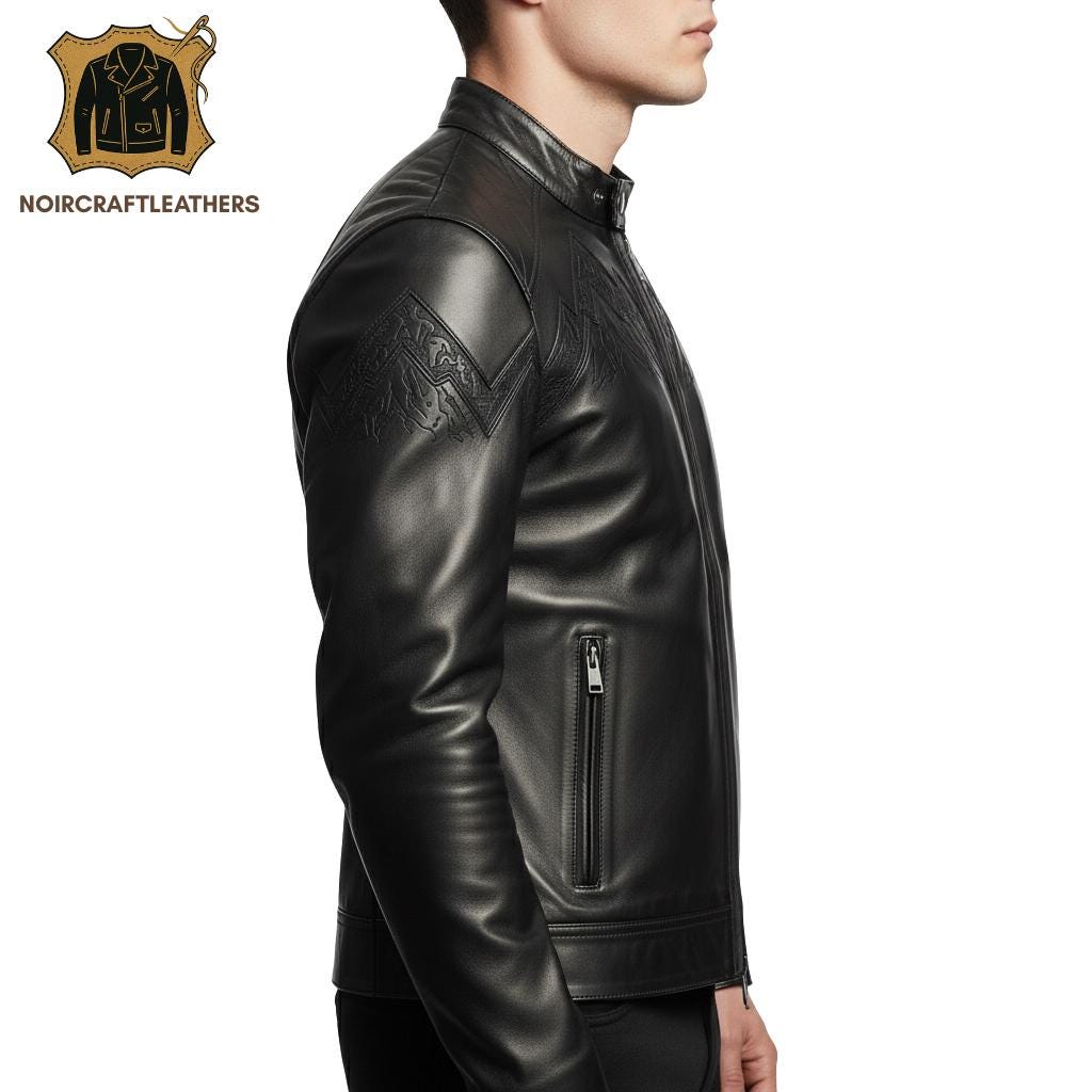 Handmade Lambskin Leather Biker Jacket: Mountain Embossed Slim Fit