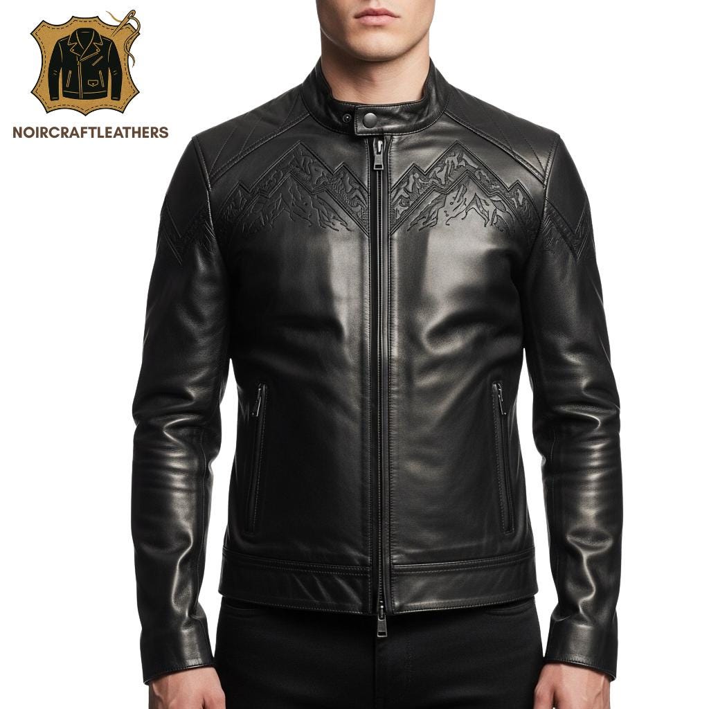 Handmade Lambskin Leather Biker Jacket: Mountain Embossed Slim Fit